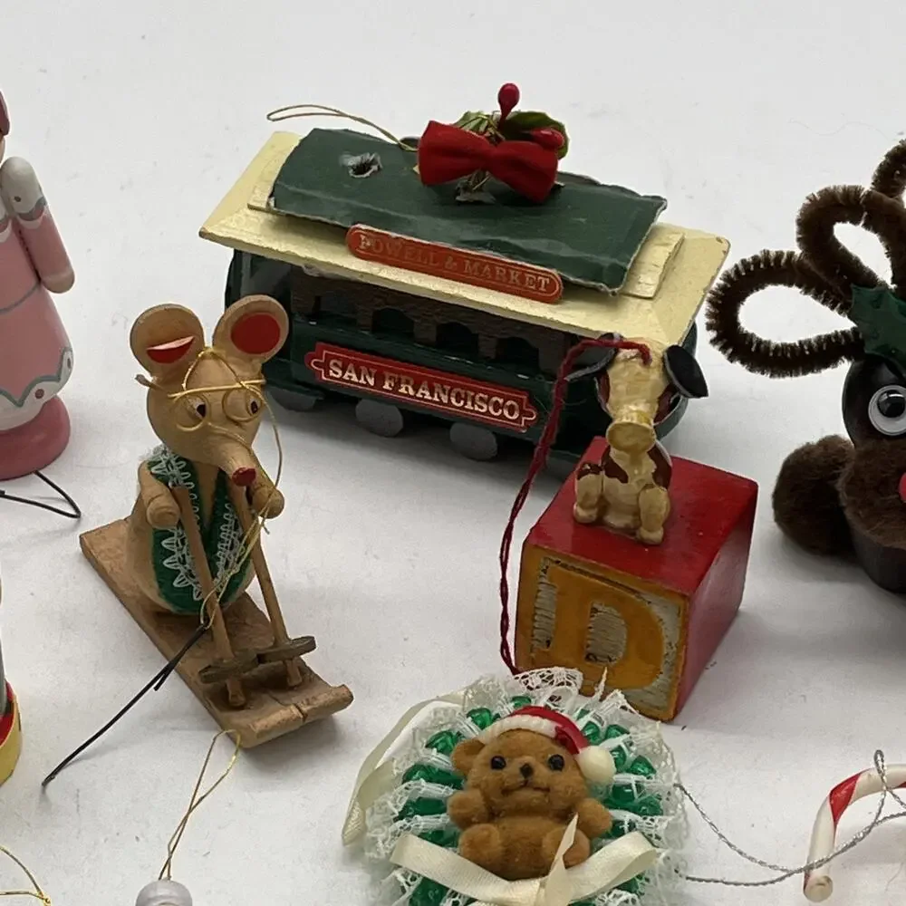 Vintage Lot Of 16 Christmas Ornaments Wooden Flocked Assorted MCM Nutcracker
